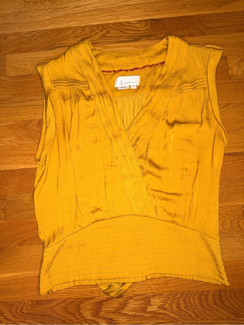 Anthropologie Mustard Yellow Satin Wrap Tie Back Blouse Top Medium